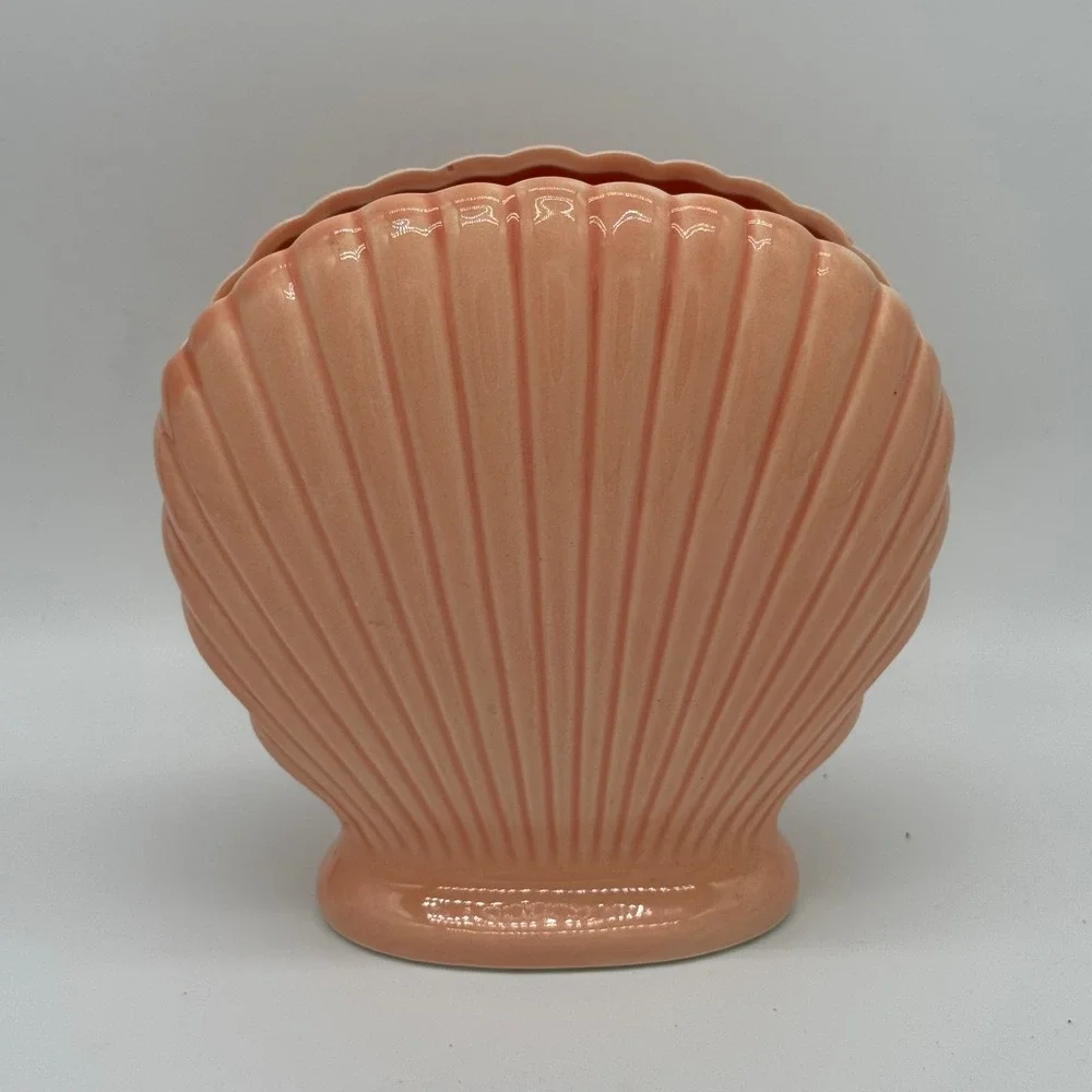 Vintage 80s Peach Ceramic Scallop Shell Fan Vase Japan Art Deco Planter 7x7